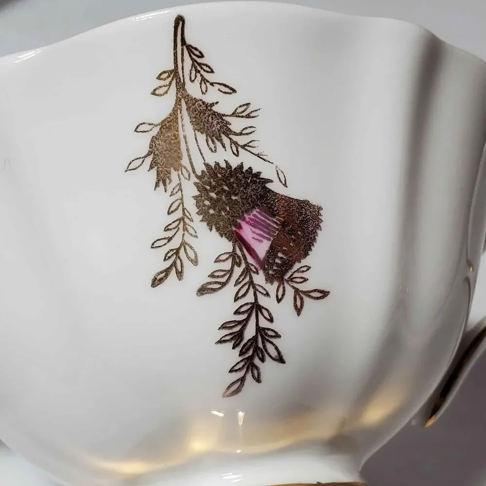 Queen Anne Teacup and Saucer Purple Gold Thistle Vintage